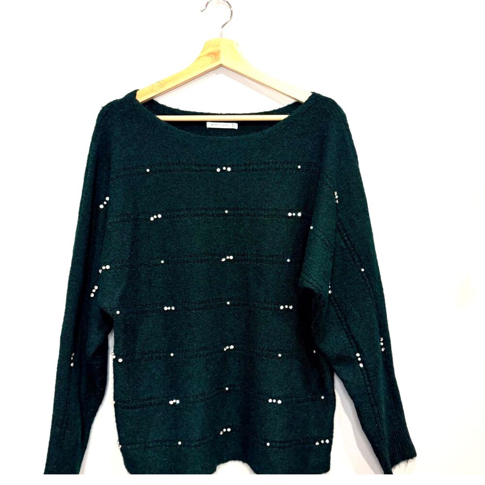 Staccato Pearl & Rhinestone Embellished Emerald Green Knit Sweater Women's Large